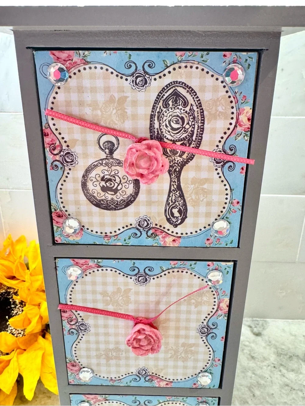 New Shabby Style Gray, Blue, Pink Wooden 3 Drawer Organizer Storage Decor - 11”